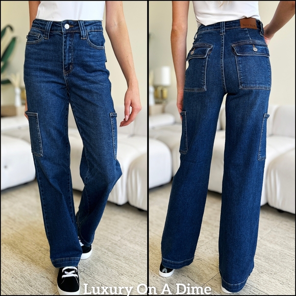 High-Rise Waist Cargo Pockets Denim Boyfriend Straight Leg Jean Pants Judy Blue - Picture 1 of 13
